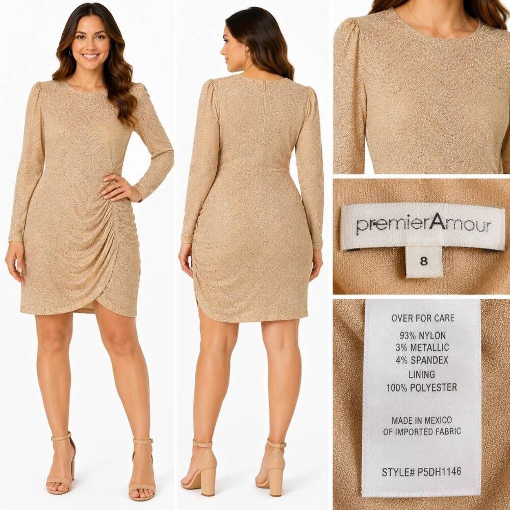 Premier Amour Gold Shimmer Ruched Cocktail Dress Size 8